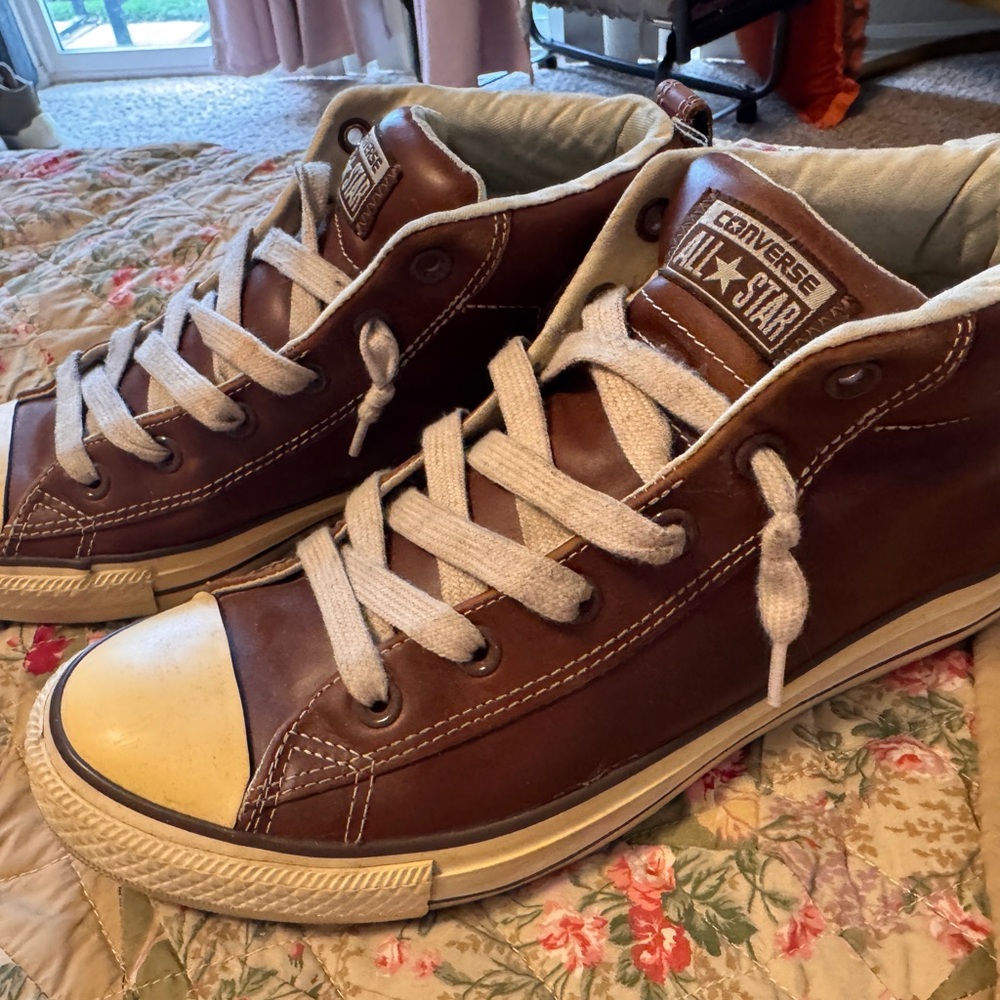 Converse All Star Brown Leather High-Top Sneakers with Cream Accents